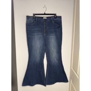 Rue + Dark Wash Stretch Flare Denim Jeans Hi Rise 24 70s Retro Curvy Bell Bottom